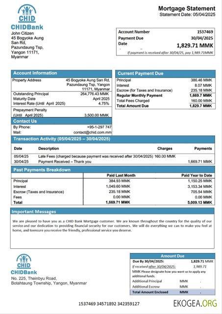 Modèle Word et PDF de relevé hypothécaire de la Myanmar CHID Bank